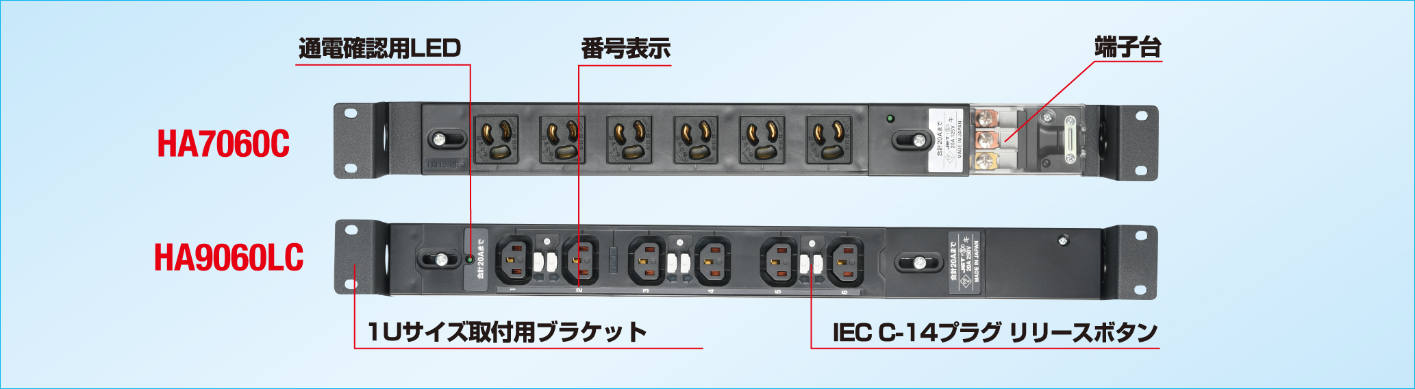 1Uコンセントバー 20A入力 コンパクトタイプ 抜止形/IEC C-13